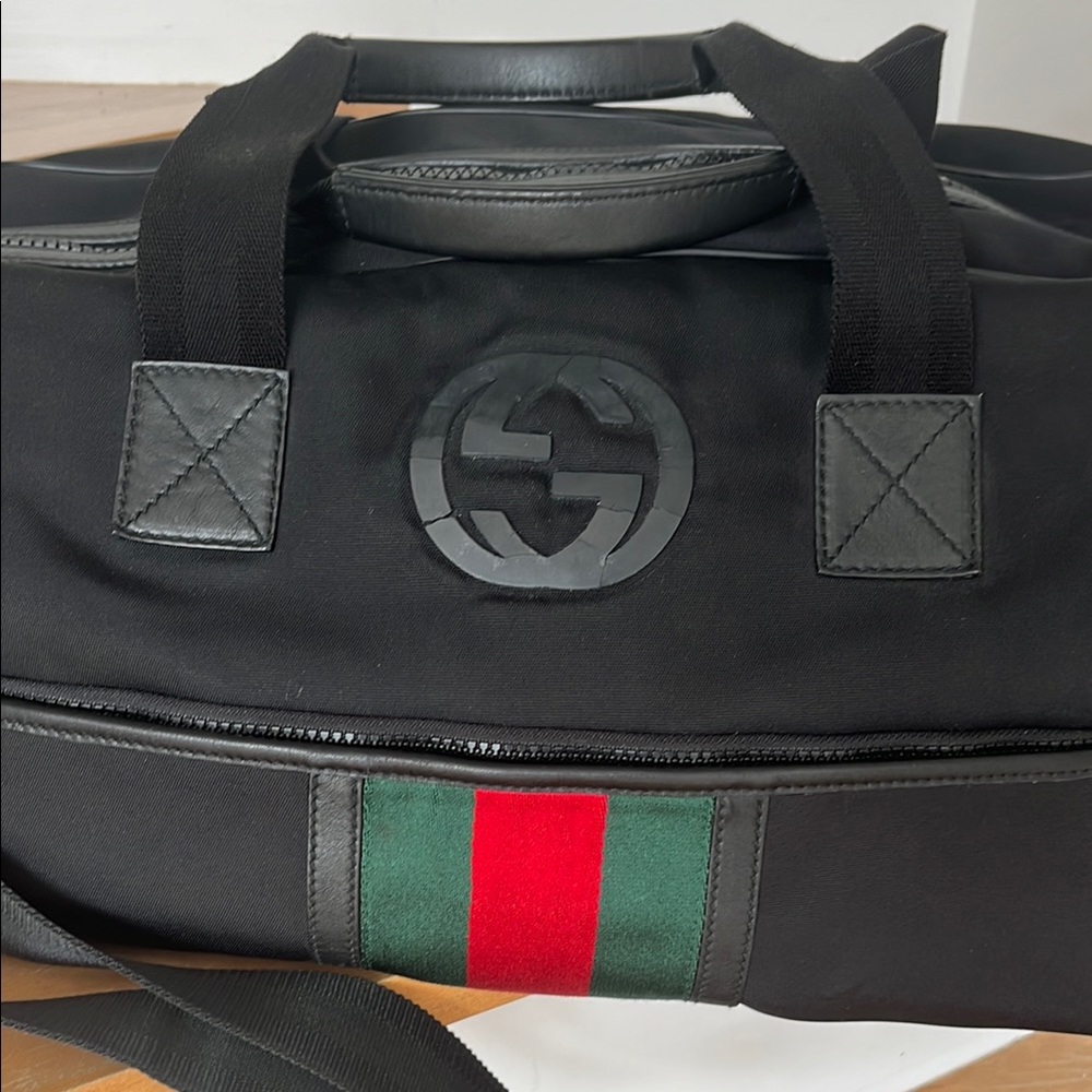 AUTHENTIC Gucci Black Nylon Duffel Bag with Signature Web Stripe